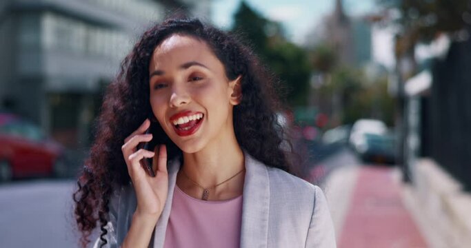 Phone call, answer and woman in city with online, business conversation and networking on voip mobile app. Happy biracial person, travel feedback and career communication, walking on urban sidewalk