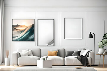 mock up poster frame in modern interior background  living room  Scandinavian style  3D render  3D illustration