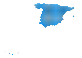 An abstract representation of Spain, vector Spain map made using a mosaic of blue dots with shadows. Illlustration suitable for digital editing and large size prints. 