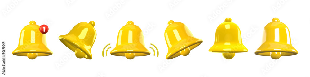 Poster 3d notification bell icon set isolated on white background. 3d render yellow ringing bell with new n