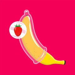 Banana with condom strawberry taste illustration. Safe sex, STD prevention and AIDS awareness concept vector