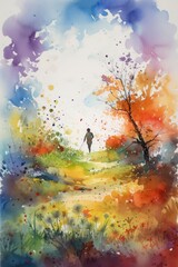Watercolor painting of a magical good morning, featuring a person going on a journey, Generate Ai