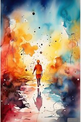 Watercolor painting of a magical good morning, featuring a person going on a journey, Generate Ai