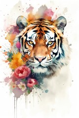 watercolor painting of a tiger with beautiful natural forms with crisp clean shapes, colorful on white background, Generate Ai