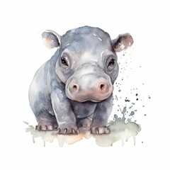 cute small baby hippo, water color, pastel  color with white background, generat ai