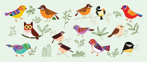 Bird set icon character with nature background hand drawn vector illustration.