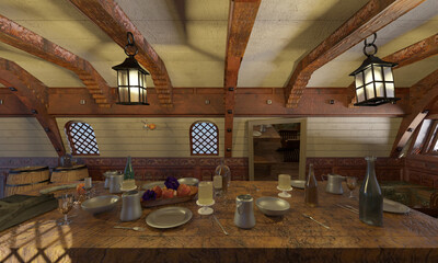 Old Pirate ship cabin interior 3d illustration