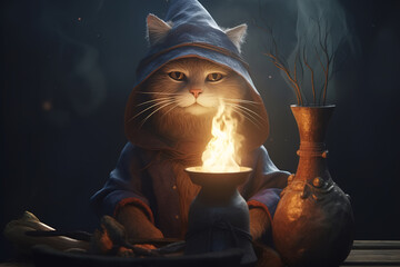 Cat mage, magician pet in a robe casting a spell near the fire. Fantasy animal illustration. Generative AI