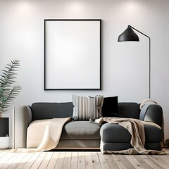 mock up poster frame in modern interior background, living room, Contemporary style, 3D render, 3D illustration