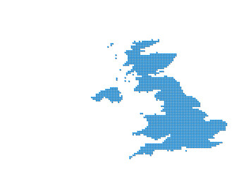An abstract representation of United Kingdom, vector United Kingdom map made using a mosaic of blue dots with shadows. Illlustration suitable for digital editing and large size prints. 