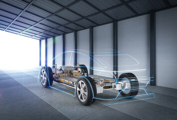 Fototapeta Ev car or electric vehicle with pack of battery cells on platform obraz