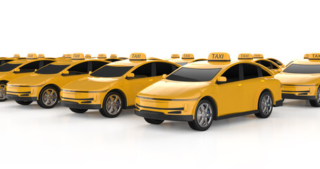 Fototapeta na wymiar Group of yellow ev taxis or electric vehicle on white background