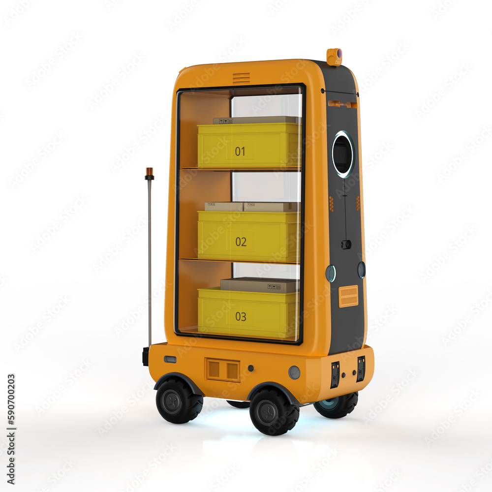 Poster warehouse robot or robotic assistant deliver boxes
