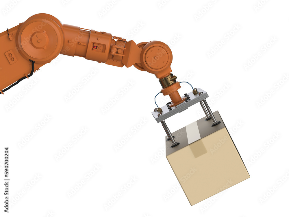 Aufkleber automation factory or cargo with 3d rendering robotic arm carry cardboard box