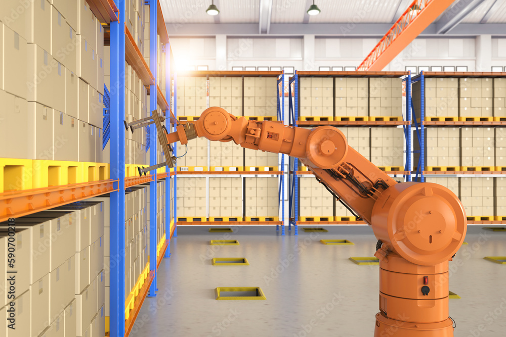 Poster automation factory or cargo with 3d rendering robotic arm carry cardboard box