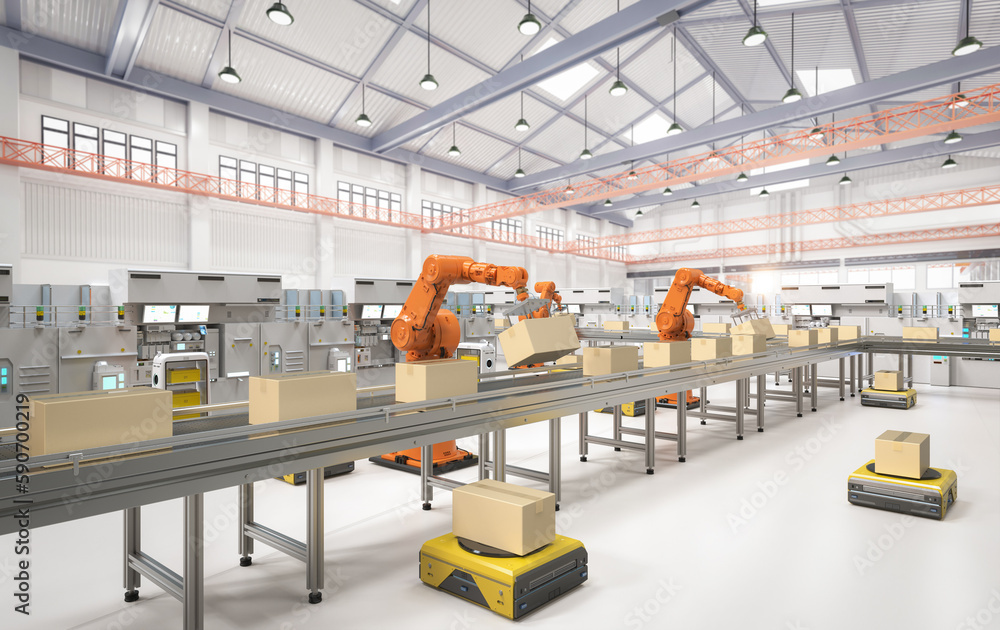 Poster automation factory or cargo with robot arms and warehouse robots