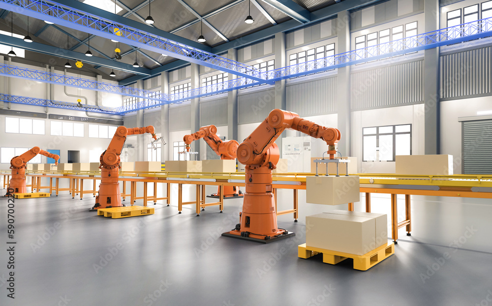 Aufkleber automation factory or cargo with robot arms and warehouse robots