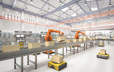 Automation factory or cargo with robot arms and warehouse robots