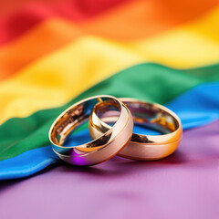 Love Wins: Two Rings on an LGBTQ+ Flag. Generative ai.