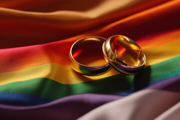 Together Forever: Two Rings on the Rainbow Flag. Generative ai.