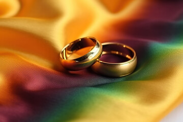 Celebrating love in all its colors: wedding rings on the rainbow flag. Generative ai.