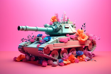Contrasting Elements: A Spring Floral Composition with a War Tank. Generative ai.