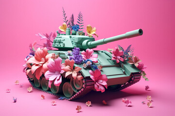 A Juxtaposition of Beauty and Brutality: A Tank Amongst Spring Florals in an Abstract Artwork. Generative ai.