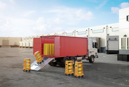 Logistic trailer truck or lorry with robots load cardboard boxes