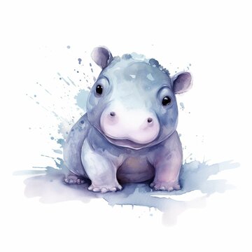 cute small baby hippo, water color, pastel  color with white background, generat ai