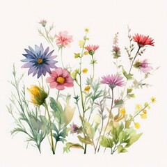 free meadow flowers water color, pastel ,white background , generat ai