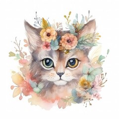 cat with flowers on head, watercolor and pastel colors, generat ai