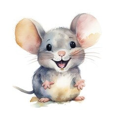 watercolor painting of a smiling baby mouse, soft colors, like in a children's book on white background, generat ai
