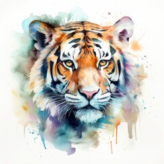 watercolor painting of a tiger with beautiful natural forms with crisp clean shapes, colorful on white background, Generate Ai