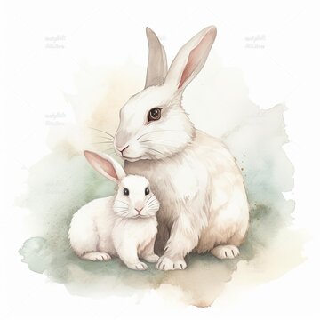 free white bunny mother with white bunny child water color, pastel ,white background, generat ai
