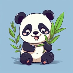 Cute panda with bamboo cartoon icon illustration, generat ai