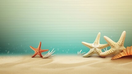 Fototapeta na wymiar Flat background illustration of a sandy beach with starfish and seashells