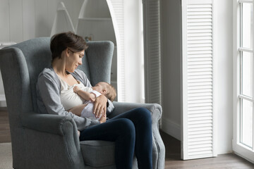 Happy pretty new mom breastfeeding little baby, resting in armchair at home, holding infant in...