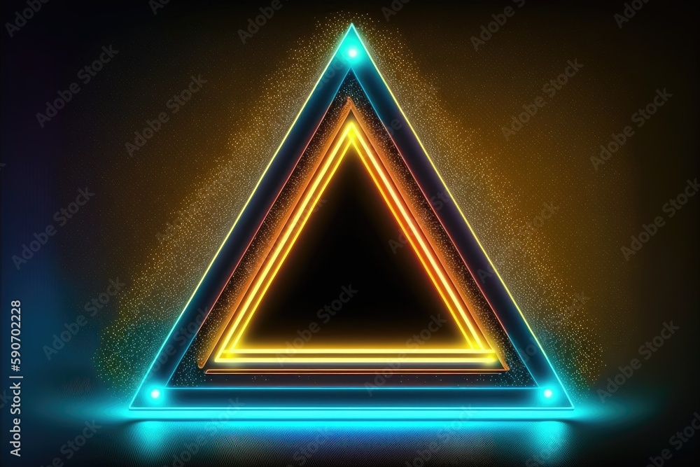 Poster abstract of neon triangle shape isolated on space background in reflective colorful spotlight. theme