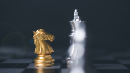 Golden horse chess encounters. Chess board game, business competitive.