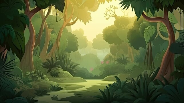 Jungle with trees scene in a cartoon theme, generat ai