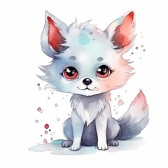 adorable Wolf, happy, smiling, cute, soft, fluffy, big eyes Watercolor, sunshine, soft light, character design cute style, generat ai