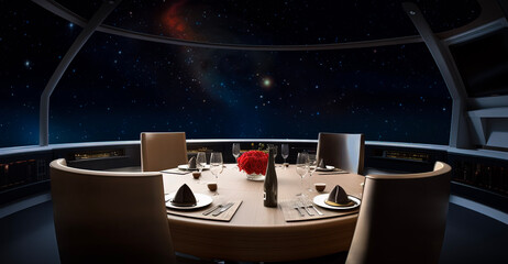 Cosmic dining experience with a gourmet meal in a luxurious space resort restaurant offering panoramic views of the universe. Futurist space hotel tourism. (generative AI).