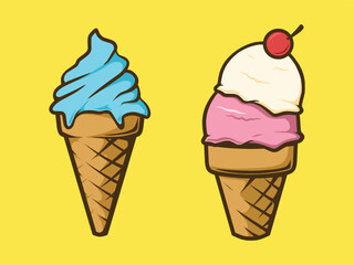 Two ice cream cones with one with a cherry on the top
