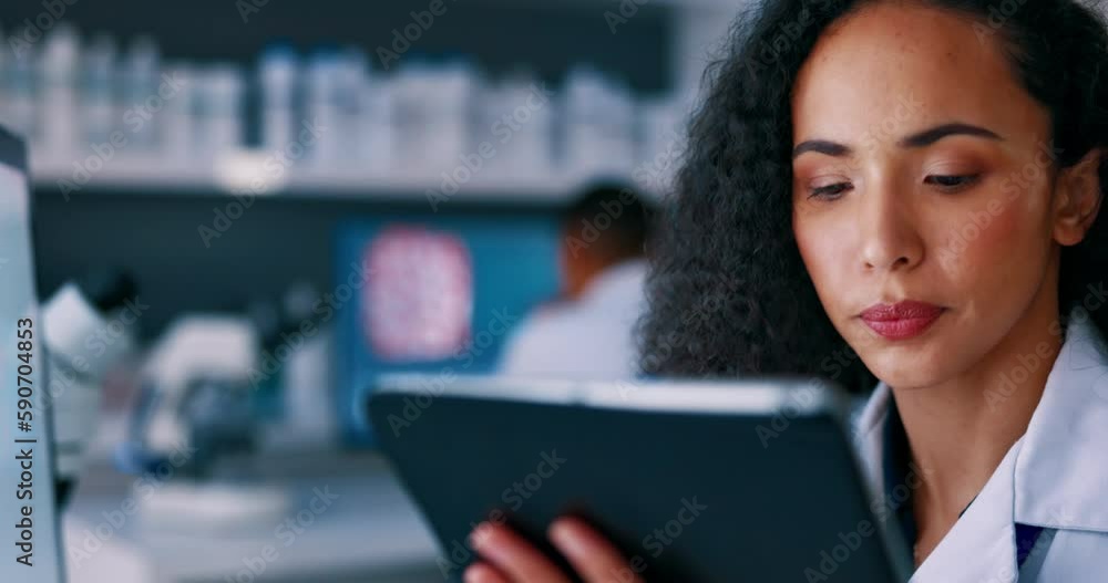 Aufkleber internet, research and woman scientist with tablet in lab for medical analysis and innovation in lab