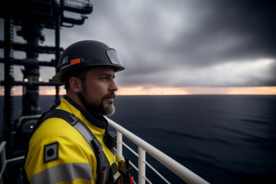 Portrait of the oilman worker on Oil rig platform. Power industry, petroleum engineering, technology, oilfield. Generative AI