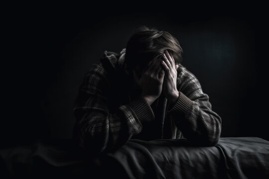 Image Of Man Sitting On Bed With His Head Down And Hands Covering His Face, Appearing To Be In Despair Or Depression. Generative AI