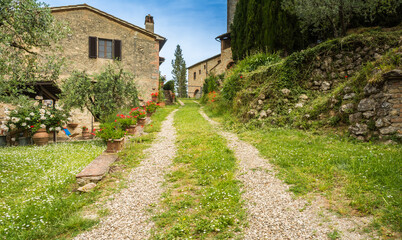 Fototapeta na wymiar farmhouse at Tuscany region along the Francigena route from Gambassi Terme to San Gimignano, Siena province, Tuscany region,italy,Europe