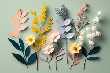 Paper flowers on pastel background. Spring flowers flat lay background. Generative AI