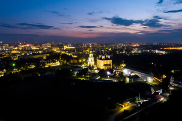 Ryazan, Russia. Ryazan Kremlin. City lights. Time after sunset. Aerial view