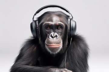 Chimpanzee With Headphones On White Background. Generative AI